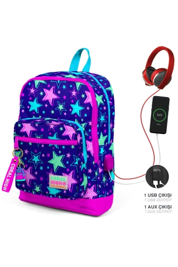 Coral High Kids Saks Pembe Yıldız Desenli Dört Bölmeli USB'li Okul Sırt Çantası 23271 - Coral High KIDS