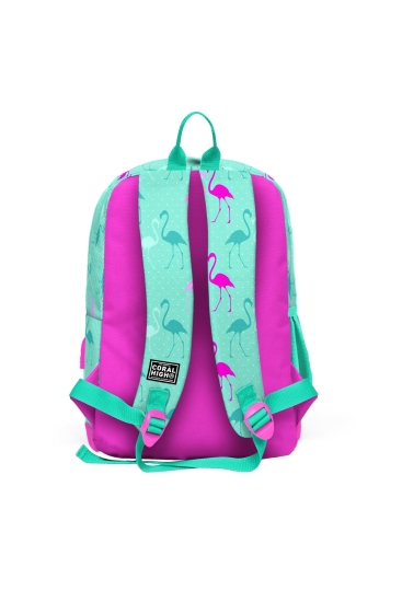 Coral High Kids Su Yeşili Neon Pembe Flamingo Desenli Dört Bölmeli USB'li Okul Sırt Çantası 23275 - 4