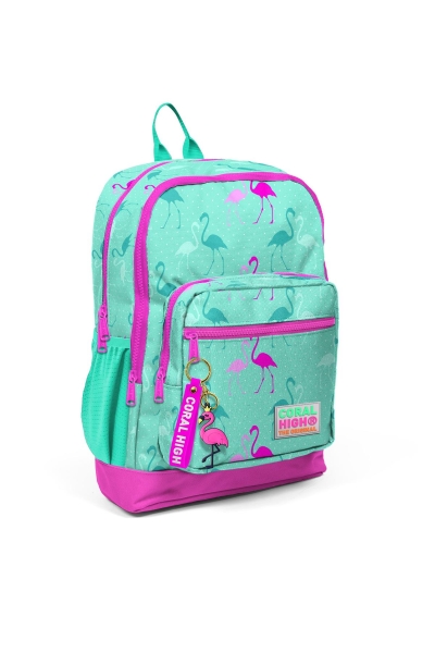 Coral High Kids Su Yeşili Neon Pembe Flamingo Desenli Dört Bölmeli USB'li Okul Sırt Çantası 23275 - 7