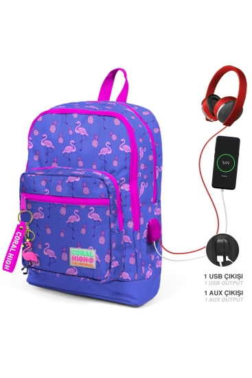 Coral High Kids Lavanta Pembe Flamingo Desenli Dört Bölmeli USB'li Okul Sırt Çantası 23276 - Coral High KIDS