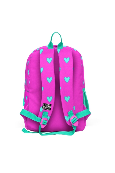 Coral High Kids Neon Pembe Su Yeşili Kalp Desenli Dört Bölmeli USB'li Okul Sırt Çantası 23277 - 4