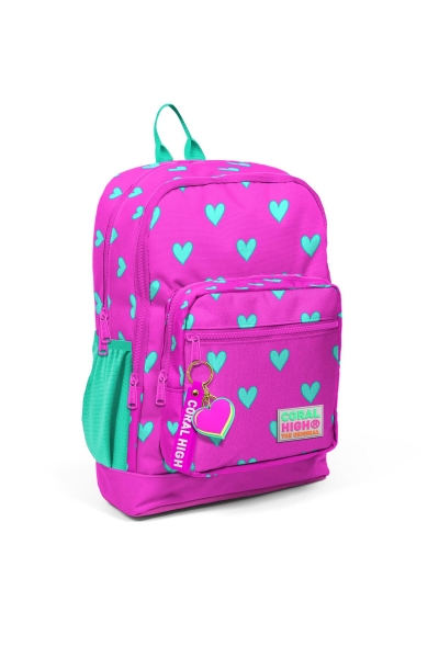 Coral High Kids Neon Pembe Su Yeşili Kalp Desenli Dört Bölmeli USB'li Okul Sırt Çantası 23277 - 7