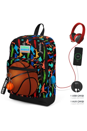 Coral High Kids Siyah Basketbol Desenli Dört Bölmeli USB'li Okul Sırt Çantası 23281 