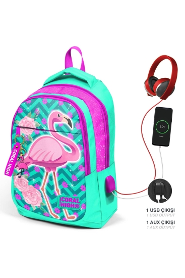 Coral High Kids Su Yeşili Pembe Simli Flamingo Desenli Üç Bölmeli USB'li Okul Sırt Çantası 23411 