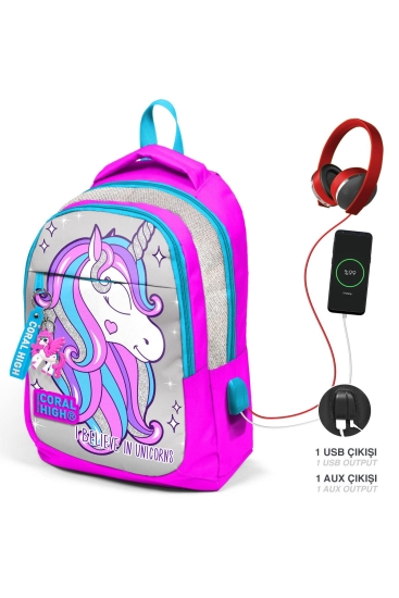 Coral High Kids Pembe Gümüş Simli Unicorn Desenli Üç Bölmeli USB'li Okul Sırt Çantası 23412 - Coral High KIDS