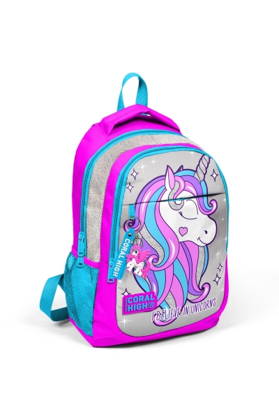 Coral High Kids Pembe Gümüş Simli Unicorn Desenli Üç Bölmeli USB'li Okul Sırt Çantası 23412 - 3