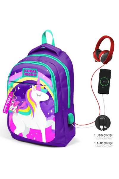 Coral High Kids Mor Su Yeşili Unicorn Desenli Üç Bölmeli USB'li Okul Sırt Çantası 23415 - 1