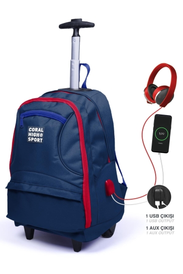 Coral High Sport Lacivert Kırmızı Dört Bölmeli USB'li Çekçekli Sırt Çantası 23254 - Coral High Sport