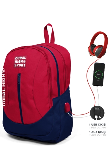 Coral High Sport Kırmızı Lacivert Dört Bölmeli USB Şarjlı Kulaklık Çıkışlı Sırt Çantası 23447 - 1