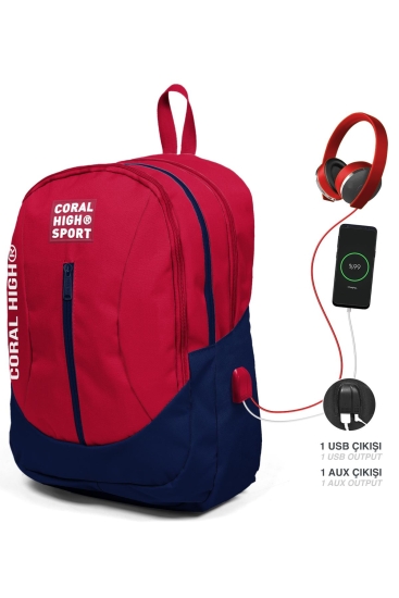 Coral High Sport Kırmızı Lacivert Dört Bölmeli USB Şarjlı Kulaklık Çıkışlı Sırt Çantası 23447 - Coral High Sport