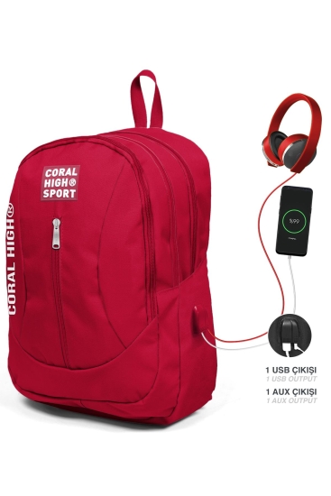 Coral High Sport Kırmızı USB Şarjlı Kulaklık Çıkışlı Dört Bölmeli Sırt Çantası 23451 - Coral High Sport