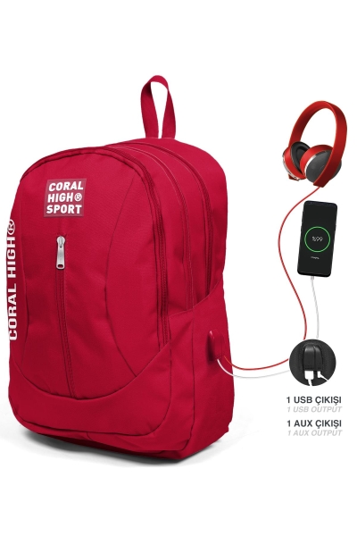 Coral High Sport Kırmızı USB Şarjlı Kulaklık Çıkışlı Dört Bölmeli Sırt Çantası 23451 - 1