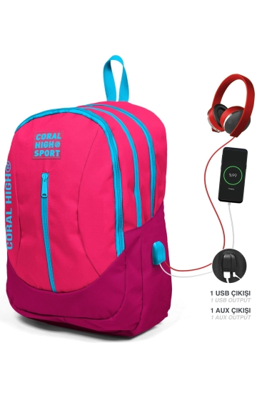 Coral High Sport Neon Mercan Kızıl USB'li Dört Bölmeli Sırt Çantası 23450 - 4