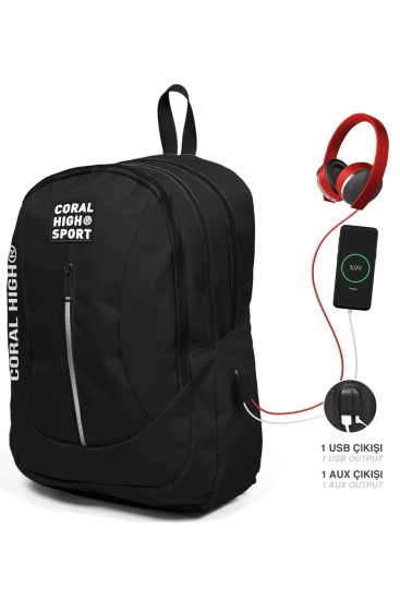 Coral High Sport Siyah Dört Bölmeli USB Şarjlı Kulaklık Çıkışlı Sırt Çantası 23226 