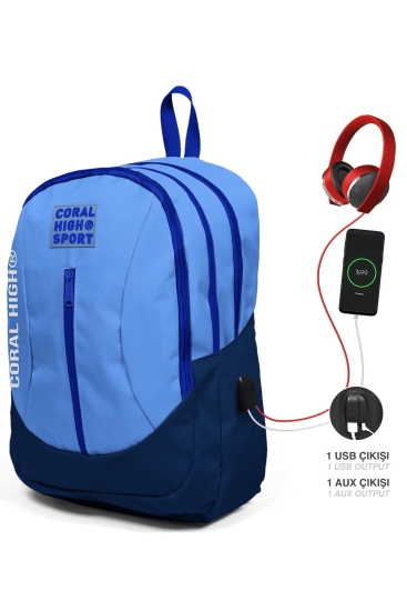 Coral High Sport Derin Mavi Saks Dört Bölmeli USB Şarjlı Kulaklık Çıkışlı Sırt Çantası 23228 