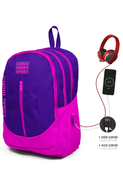 Coral High Sport Mor Pembe Dört Bölmeli USB Şarjlı Kulaklık Çıkışlı Sırt Çantası 23230 - 1