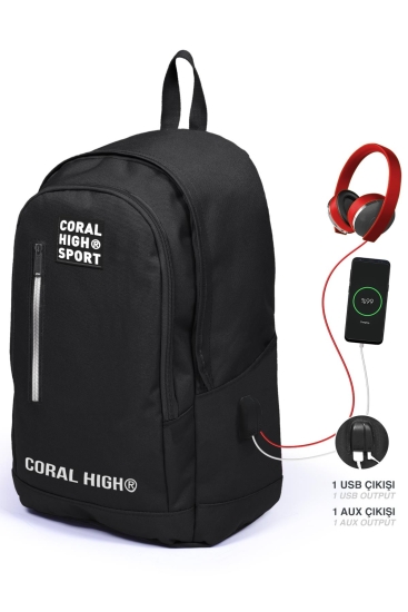 Coral High Sport Siyah Üç Bölmeli USB Şarjlı Kulaklık Çıkışlı Sırt Çantası 23231 - Coral High Sport