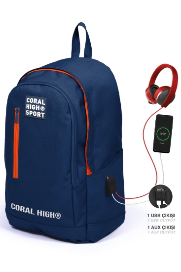 Coral High Sport Lacivert Neon Turuncu Üç Bölmeli USB Şarjlı Kulaklık Çıkışlı Sırt Çantası 23232 