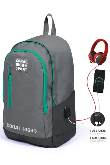 Coral High Sport Gri Üç Bölmeli USB Şarjlı Kulaklık Çıkışlı Sırt Çantası 23233 