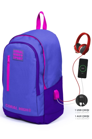 Coral High Sport Lavanta Mor Üç Bölmeli USB Şarjlı Kulaklık Çıkışlı Sırt Çantası 23234 