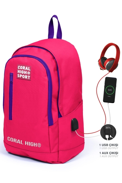 Coral High Sport Neon Mercan Mor Üç Bölmeli USB Şarjlı Kulaklık Çıkışlı Sırt Çantası 23235 - 1