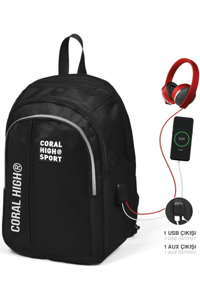 Coral High Sport Siyah Beş Bölmeli USB Şarjlı Kulaklık Çıkışlı Sırt Çantası 23241 - 1