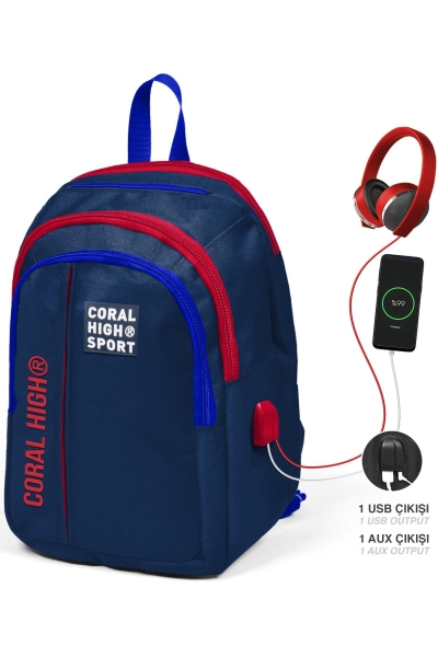 Coral High Sport Lacivert Kırmızı Beş Bölmeli USB Şarjlı Kulaklık Çıkışlı Sırt Çantası 23242 - 1