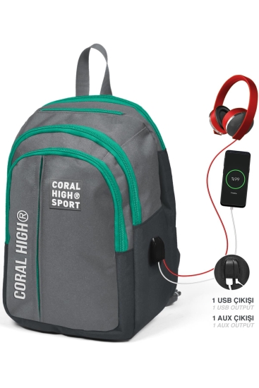 Coral High Gri Beş Bölmeli USB Şarjlı Kulaklık Çıkışlı Sırt Çantası 23243 - Coral High Sport