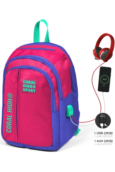 Coral High Sport Neon Mercan Lavanta Beş Bölmeli USB Şarjlı Kulaklık Çıkışlı Sırt Çantası 23244 - 1