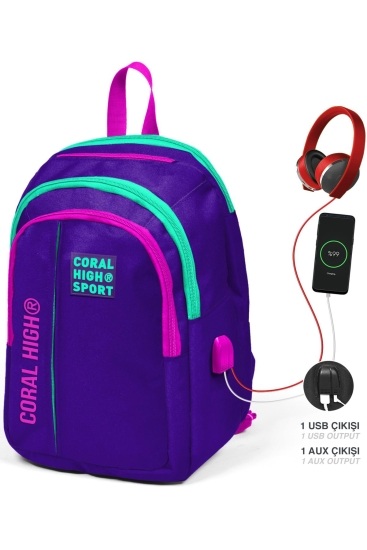 Coral High Sport Mor Pembe Beş Bölmeli USB Şarjlı Kulaklık Çıkışlı Sırt Çantası 23245 - 2