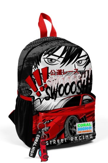 Minik Yuva Sırt Çantası Siyah Kırmızı Anime Araba Desenli İki Bölmeli 23547 