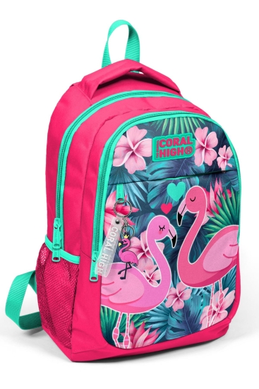 Coral High Kids Neon Mercan Su Yeşili Flamingo Desenli Okul Sırt Çantası 14377 